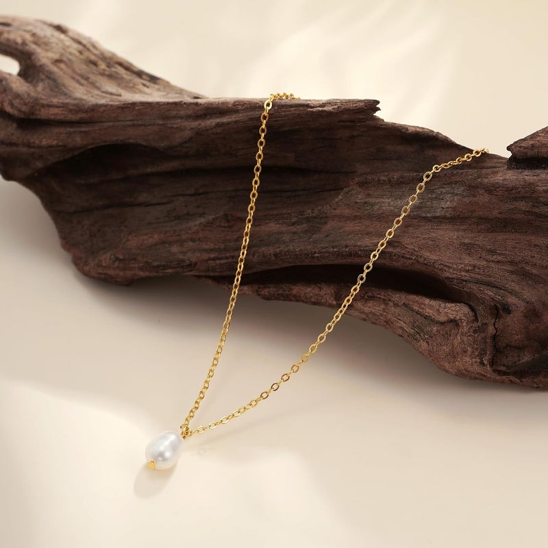 Treasure Bender Pearl Necklaces for Women Trendy, 14k Gold Plated Dainty Necklace Simple Pearl Drop Single Charm Pendant Necklace Birthday Wedding Gifts Gold Jewelry for Women - Image 3